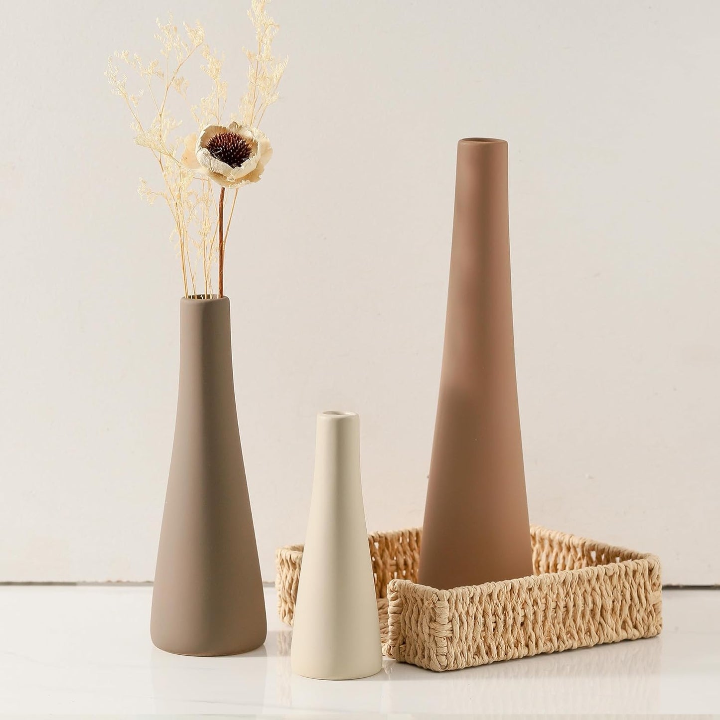 Ceramic Vase Set of 3, Modern Farmhouse Vases Home Decor Neutral Pottery Vase Pampas Grass Flower Vases for Home Decoration Room Decor Table Entryway Living Room Centerpieces Mantel Decor - Brown