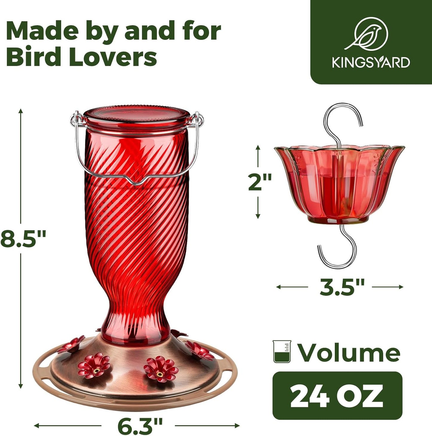 Kingsyard Glass Hummingbird Feeders for Outdoors, 24 oz Hummingbird Nectar Feeder for Outdoors Garden Porch Fall Decorations, 6 Feeding Ports, Ant Moat Included, Easy to Clean & Refill, Red