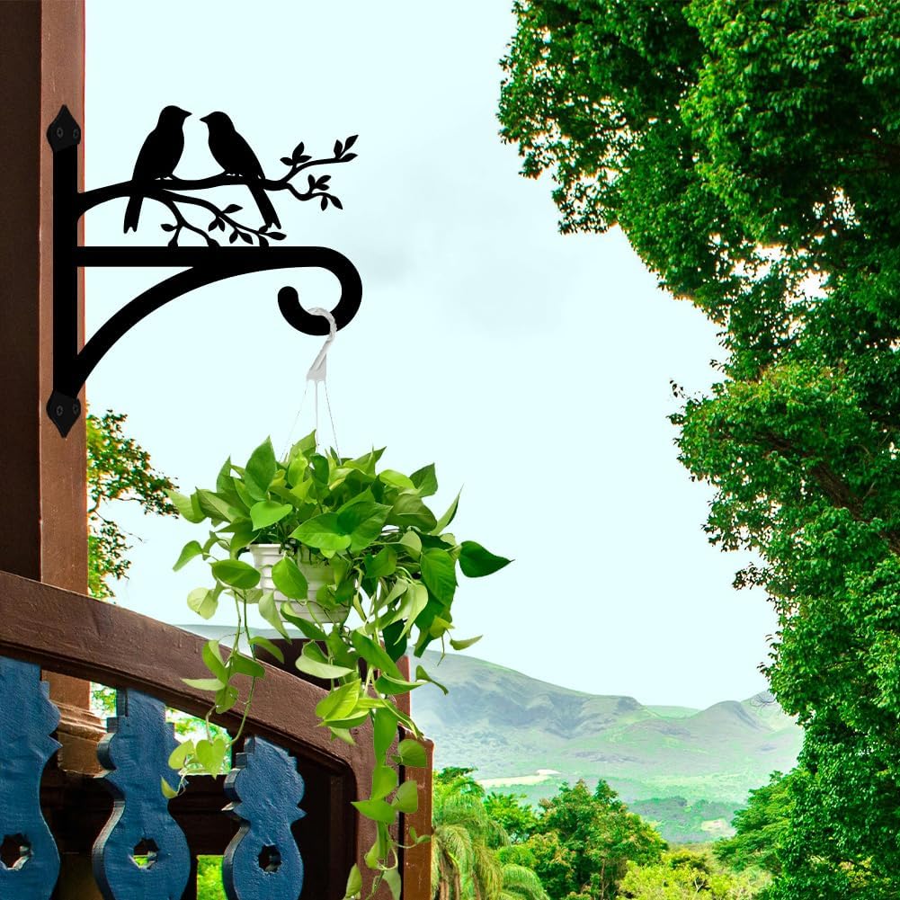 peacoblue Iron Plant Hangers Hooks for Outdoor Indoor Hanging Plants Flower Fern Pots Lantern Bird Feeder,12"x13.6" Weather Resistant Metal Wall Holder for Porch Garden Farmhouse(Branches and Birds)