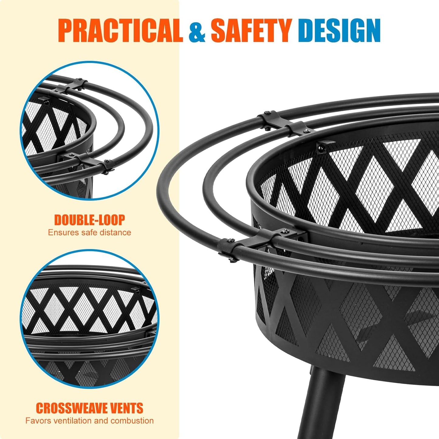 36 Inch Wood Burning Fire Pit with 2 Loops, Outdoor Fire Pit with Spark Screen & Fire Poker, Cross Weave Firepit for Outside Fireplace Bonfire for Yard,Patio, Garden