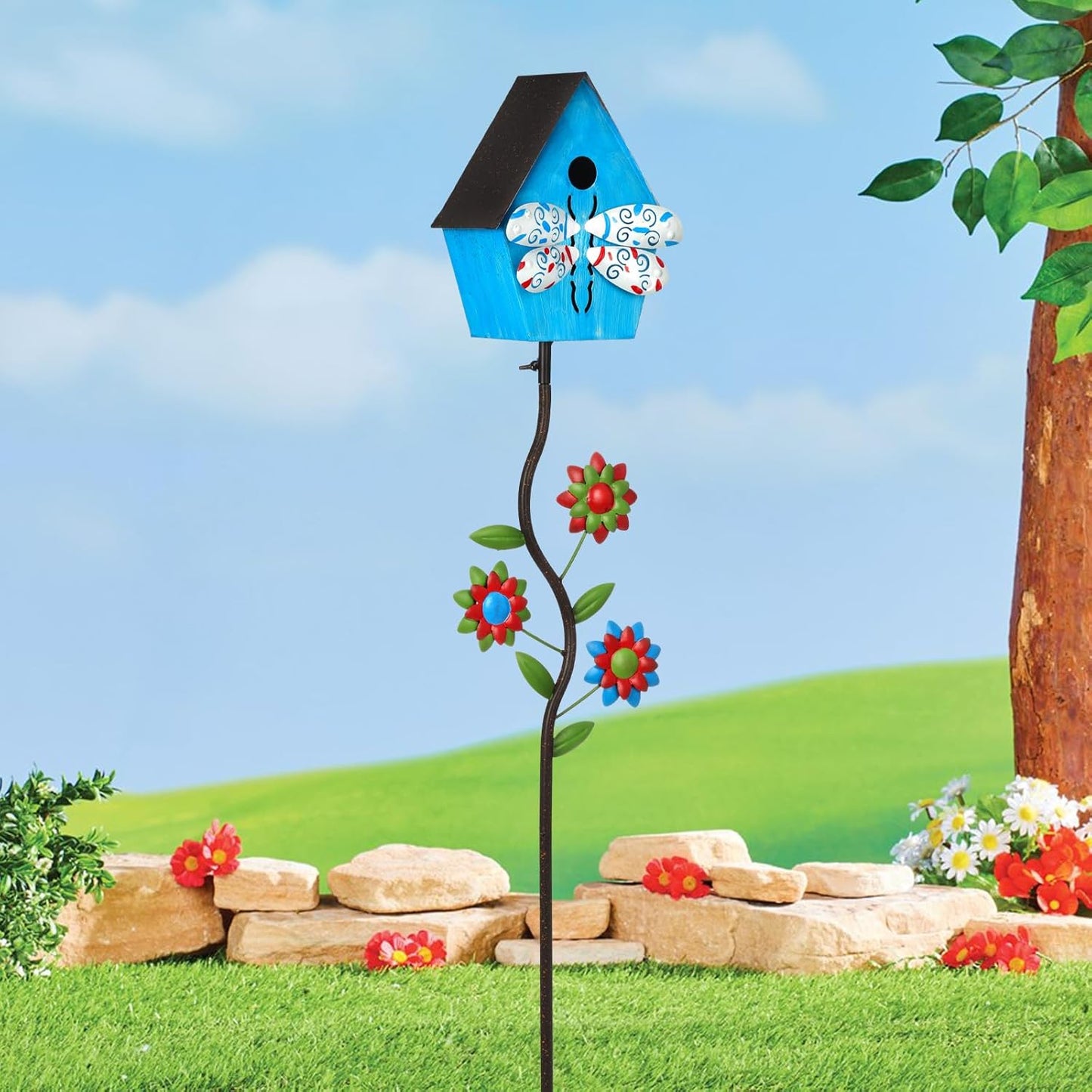 51” Bird Houses Stake for Outside, Metal Wild Bird Feeder Birdhouse Stake Pole with Dragonfly Design Outdoor Decorations for Patio, Backyard, Garden