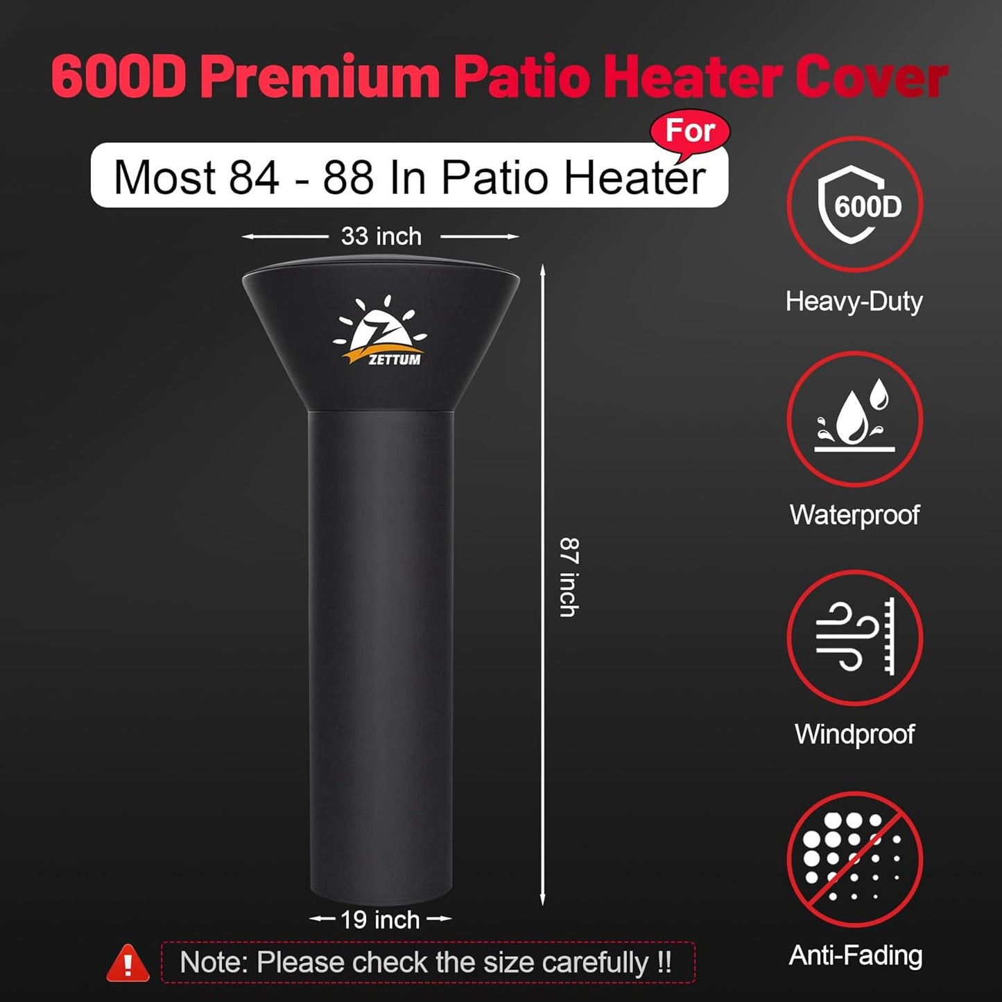 Patio Heater Covers - 600D Outdoor Heater Cover with Zipper Waterproof Heavy Duty, Propane Heat Cover for East Oak, Hampton Bay, Fire Sense and More (87" Height x 33" Dome x 19" Base)