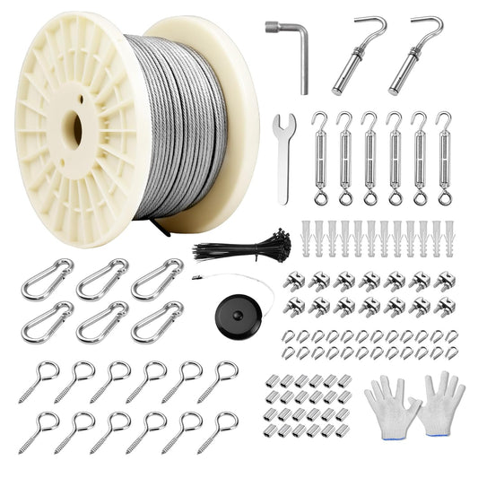 1/8" Vinyl Coated Wire Rope Kit with Work Gloves, 300FT Stainless Steel String Light Hanging Kit with Turnbuckle,7x7 Strand 920LB Strength Clothes Line Cable for Outdoor, Crafts, Garden