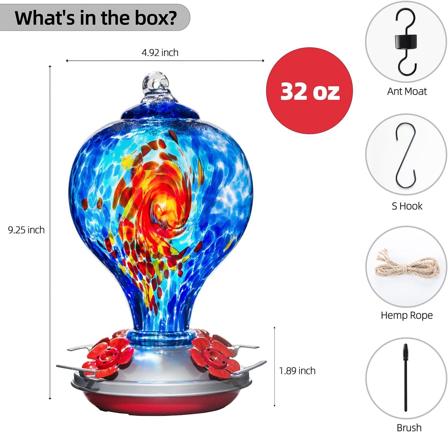 2 Packs Hummingbird Feeder for Outdoors Hanging Ant and Bee Proof, 34OZ 32OZ Hand Blown Glass Hummingbird Feeders for Outside (Red & Blue)