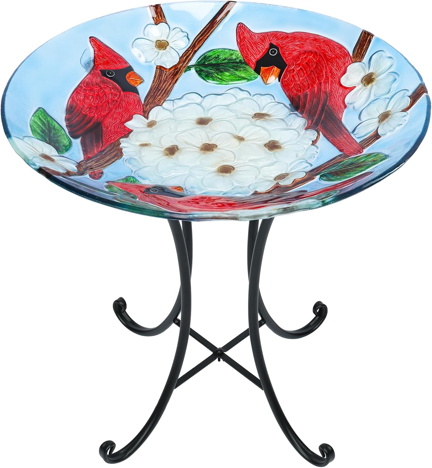 MUMTOP Outdoor Glass Birdbath with Metal Stand for Outside Yard Garden Decor, 18 inch Diameter Red Caridnals Bird Baths Bowl for Outdoors, 21.65 inch Height
