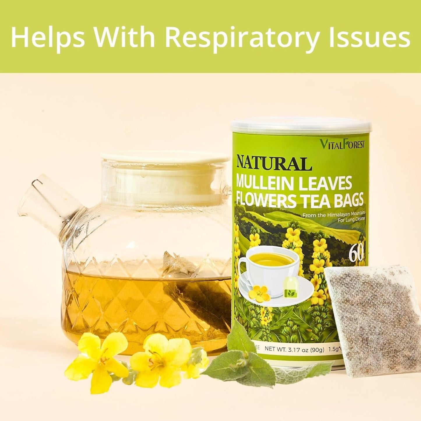 60 Mullein Leaf Tea Bags for Lungs, VitalForest 100% Pure Mullein Mullins Detox Tea, Lung Cleanse Tea for Smokers Breathe Deep and Respiratory Support, Caffeine Free Mullen Mullin