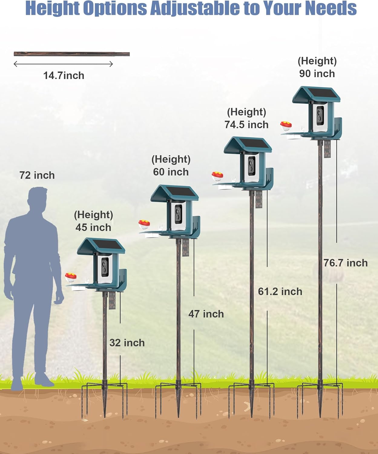 Bird Feeder Pole Stand – 90 Inch Height Feeding Station with 1-Inch Dia Heavy Duty for Hanging Feeders, Bird House Pole Mount Kit for Outdoor, Slip-Fit Connection，Copper Brushed