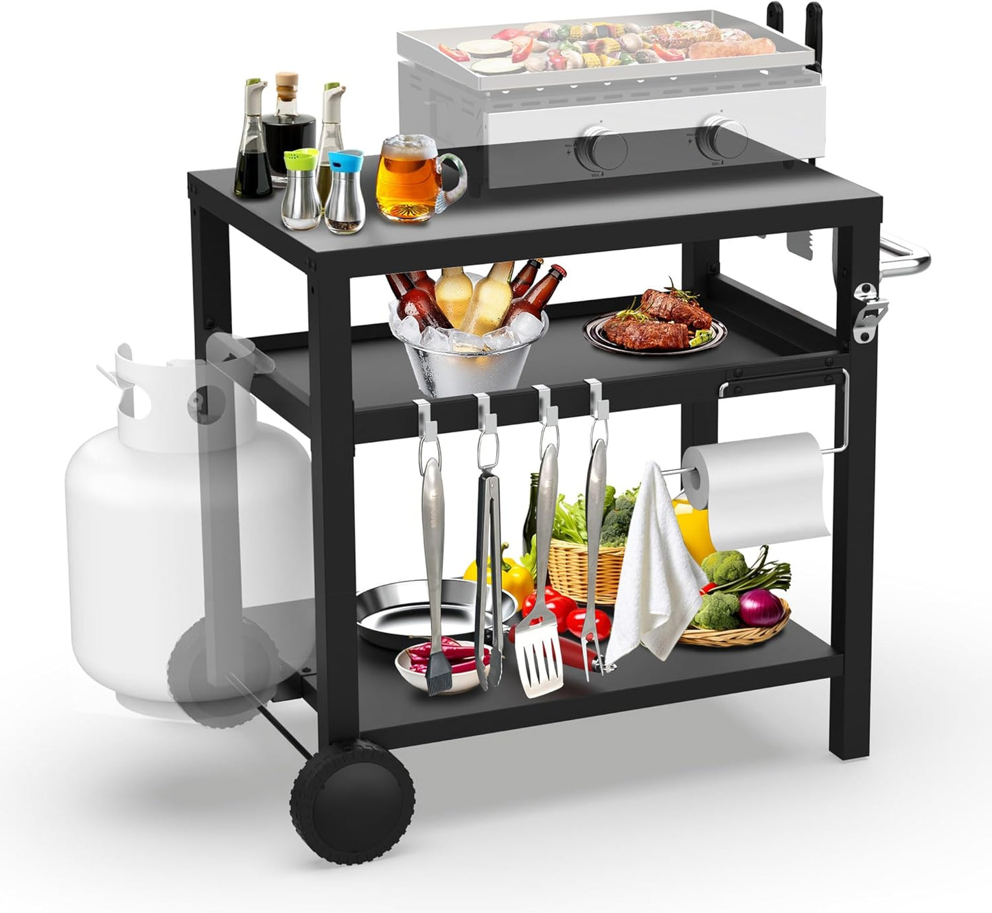 29.5''x19.6'' Outdoor Grill Cart, Pizza Oven Table Stand, 3-Shelves Food Prep Table for Ninja Woodfire, Ooni Pizza Oven, 17'' & 22'' Blackstone Griddle, Grill Stand for Picnic, Camping