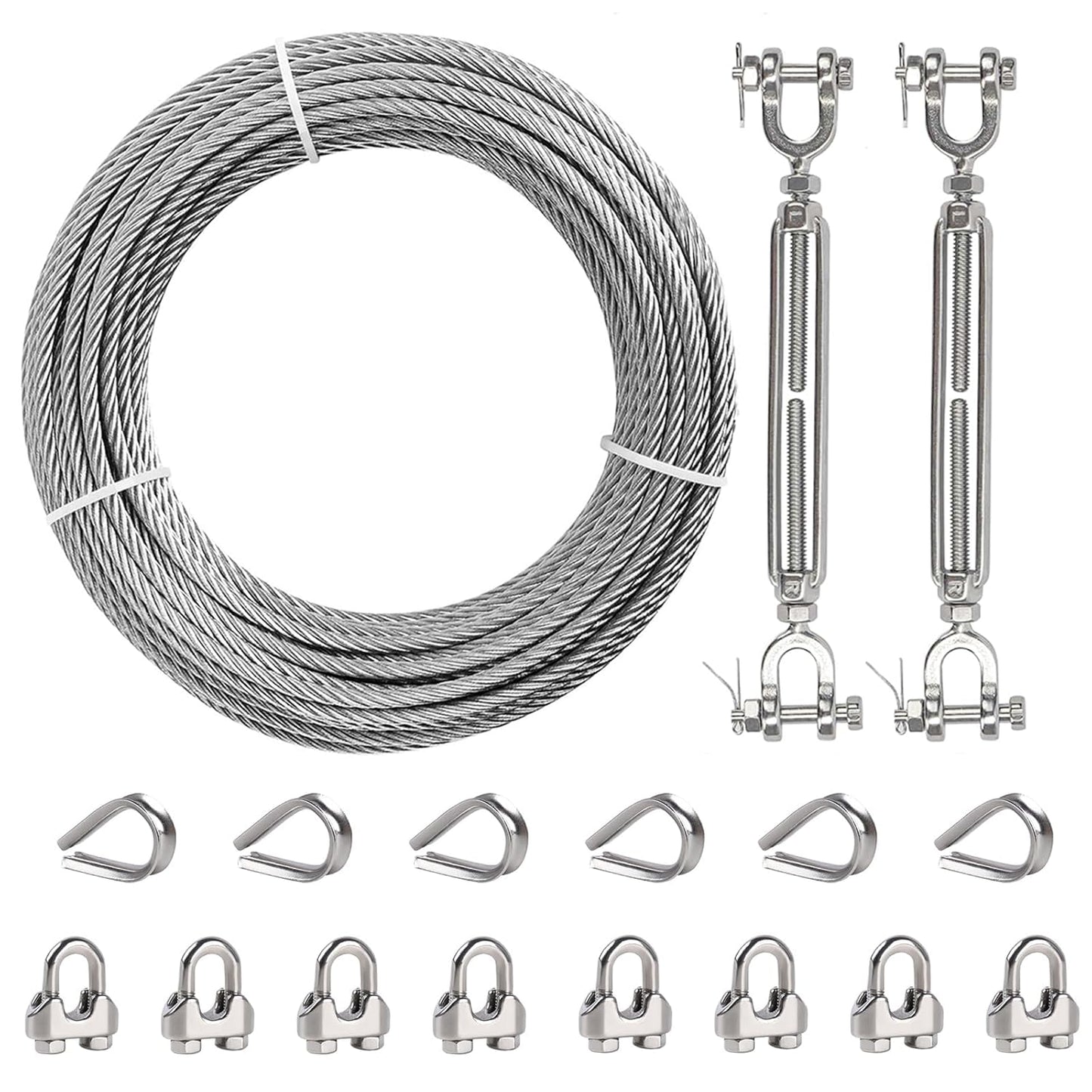 1/4" Wire Rope Kit, 100ft Stainless Steel Cable with 2Pcs 1/4 Turnbuckle, Clamp & Thimble, 7x19 Strands Heavy Duty Metal Cable,1400 lbs Load Limit, Turnbuckles for Cables Wire, Zipline