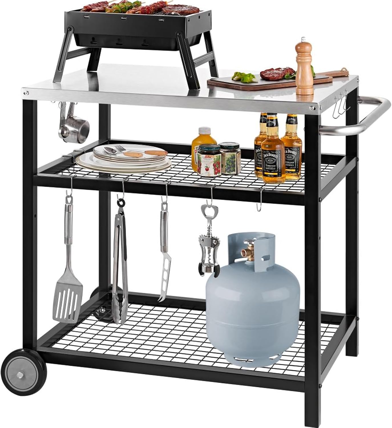 Stainless Steel Grill Cart Pizza Oven Stand Trolley Table with Wheels Pizza Cart Three-Shelf Movable Food Prep Work Dining Table with Double-Shelf Heavy Duty Outdoor 31.5" x 24 x 33.5