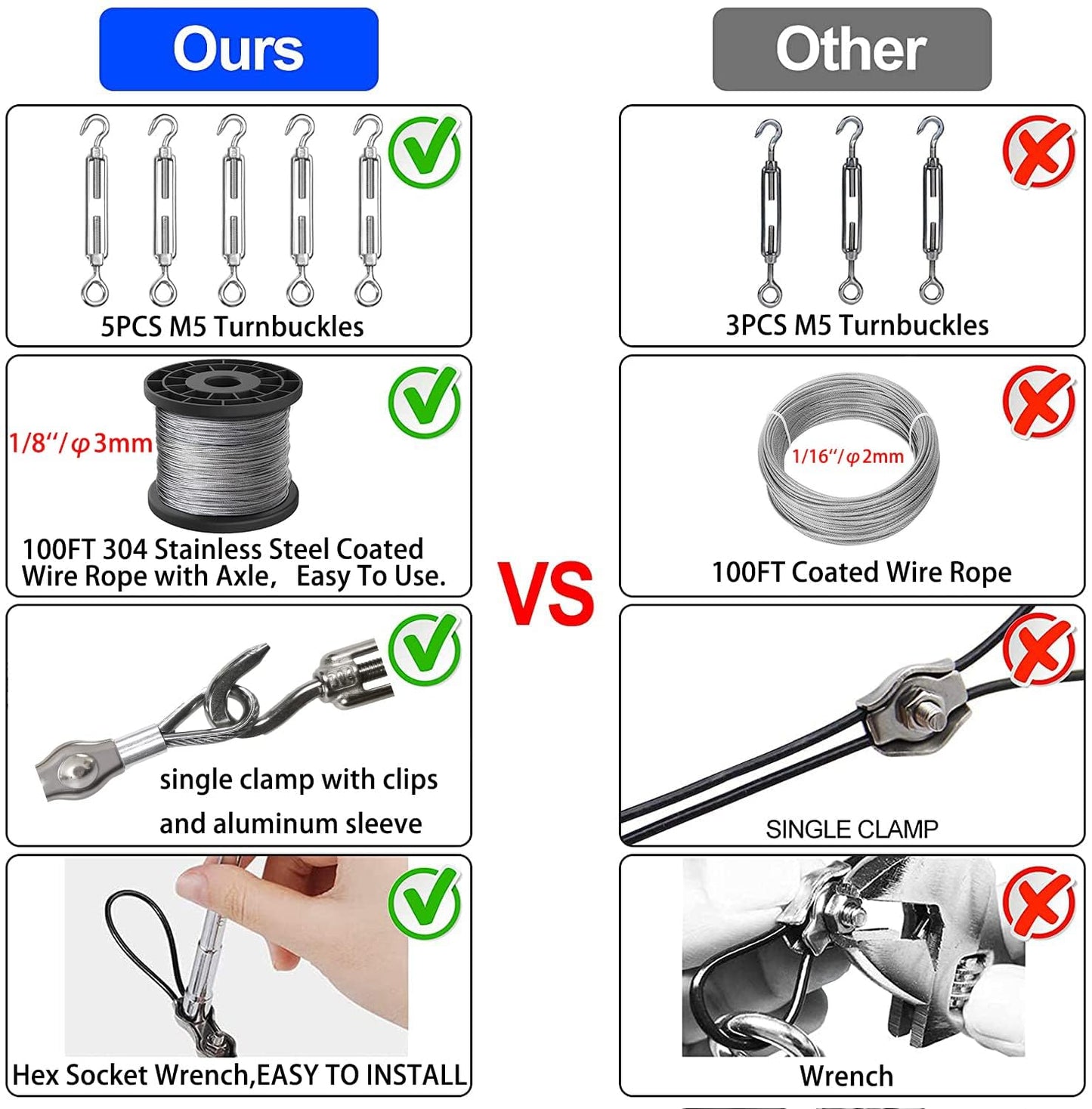 1/8" Wire Rope,Turnbuckles for Cables Wire, 304 Stainless Steel Cable,M5 Turnbuckle Kit,Wire Cable Turnbuckle Tensioner…