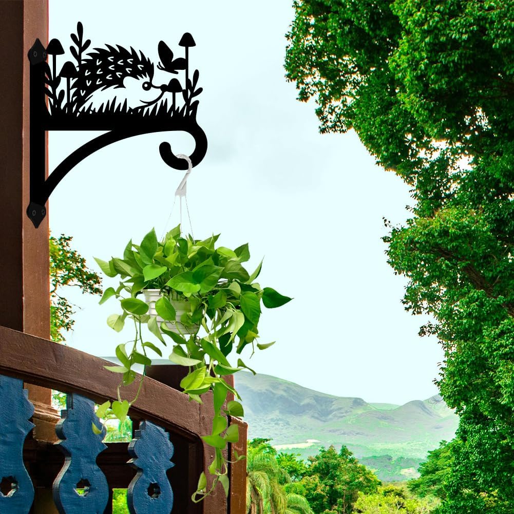 peacoblue Iron Plant Hangers Hooks for Outdoor Indoor Hanging Plants Flower Fern Pots Lantern Bird Feeder Wind Chimes, 12”x14” Weather Resistant Metal Wall Holder for Porch Garden Farmhouse(Hedgehog)