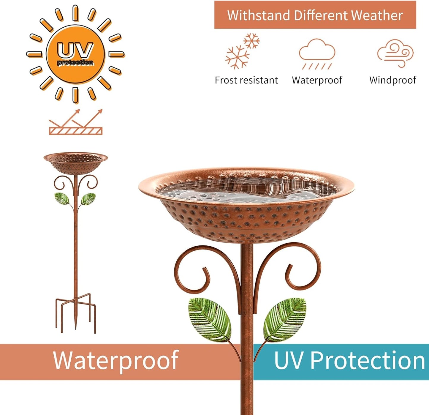 Metal Bird Bath for Outside Garden Birdbath Bowl, 42.1" Height Bird Feeders for Outdoors with 5 Prongs Base Stake, Standing Birdfeeders Bath Bowl for Yard Lawn Decor (A)