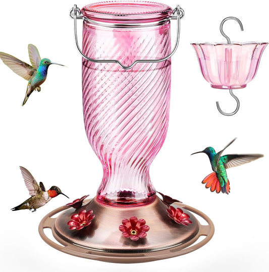 Kingsyard Glass Hummingbird Feeders for Outdoors, 24 oz Hummingbird Nectar Feeder for Outdoors Garden Yard D�cor, 6 Feeding Ports, Ant Moat Included, Easy to Clean & Refill, Pale Pink