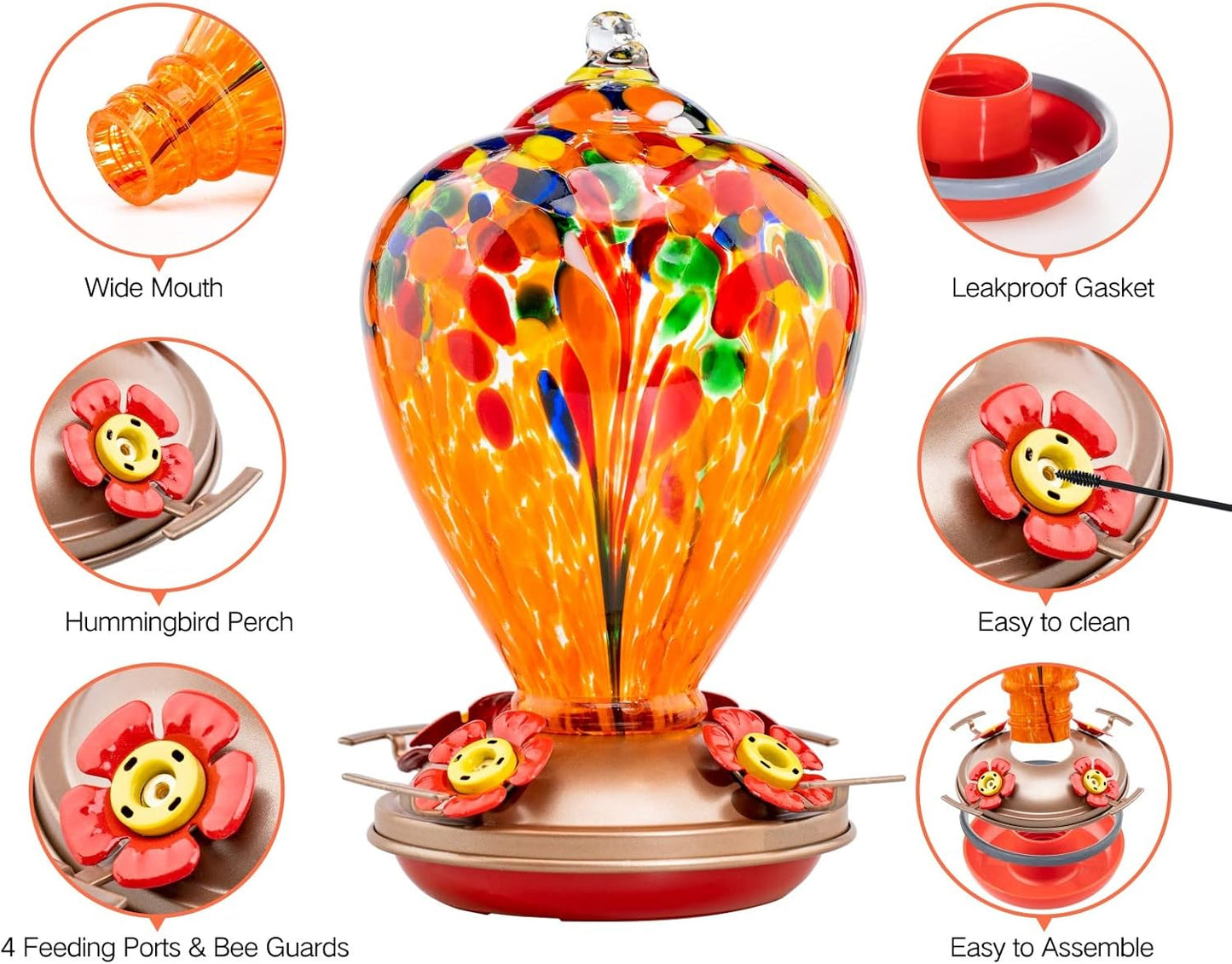 Muse Garden Hummingbird Feeders for Outdoors Hanging, Blown Glass Hummingbird Feeder Gifts for Mom, Garden Decor for Outside, Unique Gifts Idea for Women, 34OZ, Orange Fireworks