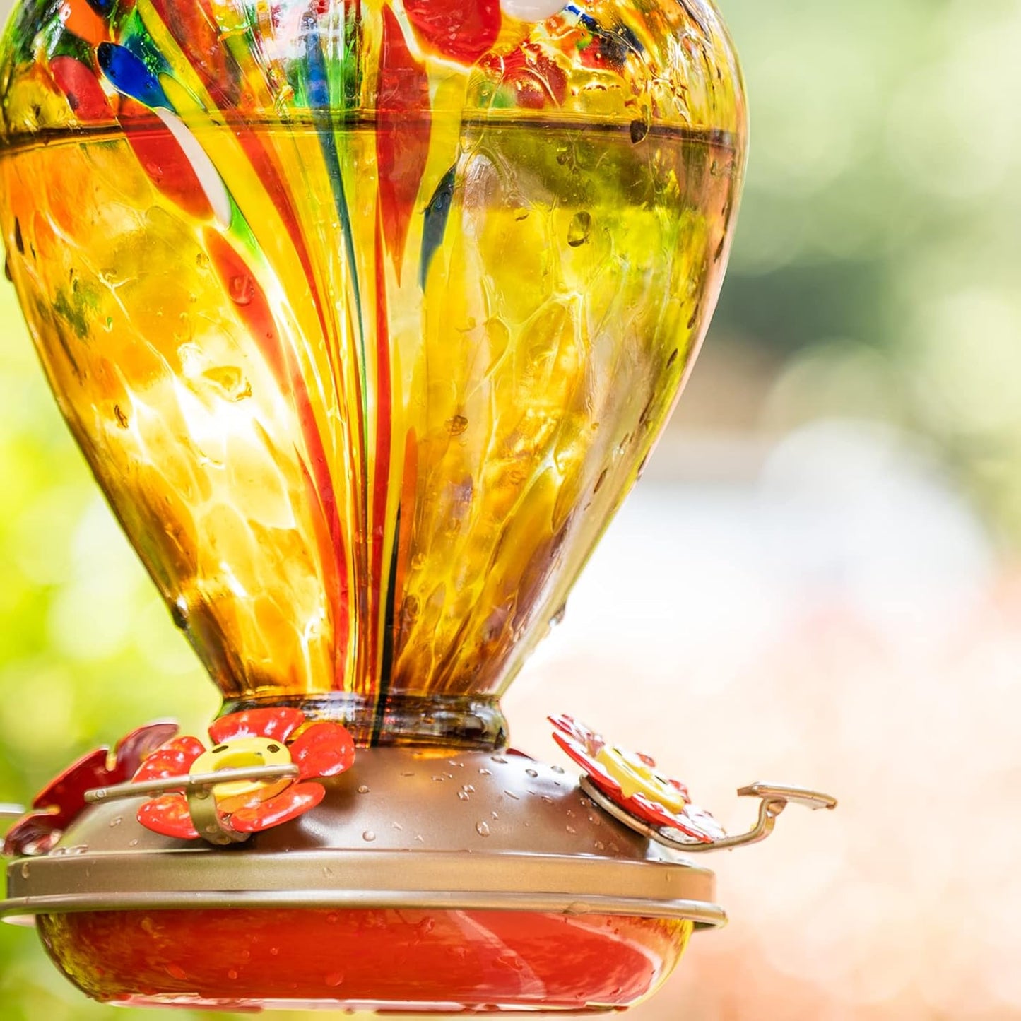 2 Packs Hummingbird Feeder for Outdoors Hanging Ant and Bee Proof, 34OZ 32OZ Hand Blown Glass Hummingbird Feeders for Outside (Yellow & Teal)