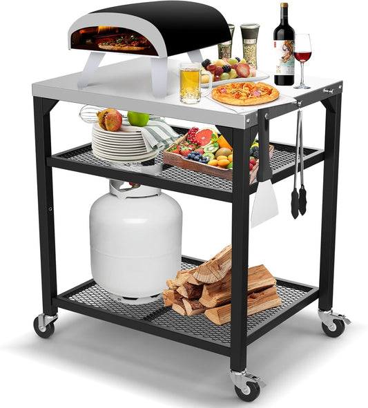 Pizza Oven Table for Ooni, Ninja, Woodfire, Blackstone, Bighorn, Cuisinart, Outdoor Grill Table for Ooni Pizza Oven Accessories, Movable Pizza Oven Stand as Food Prep Cart