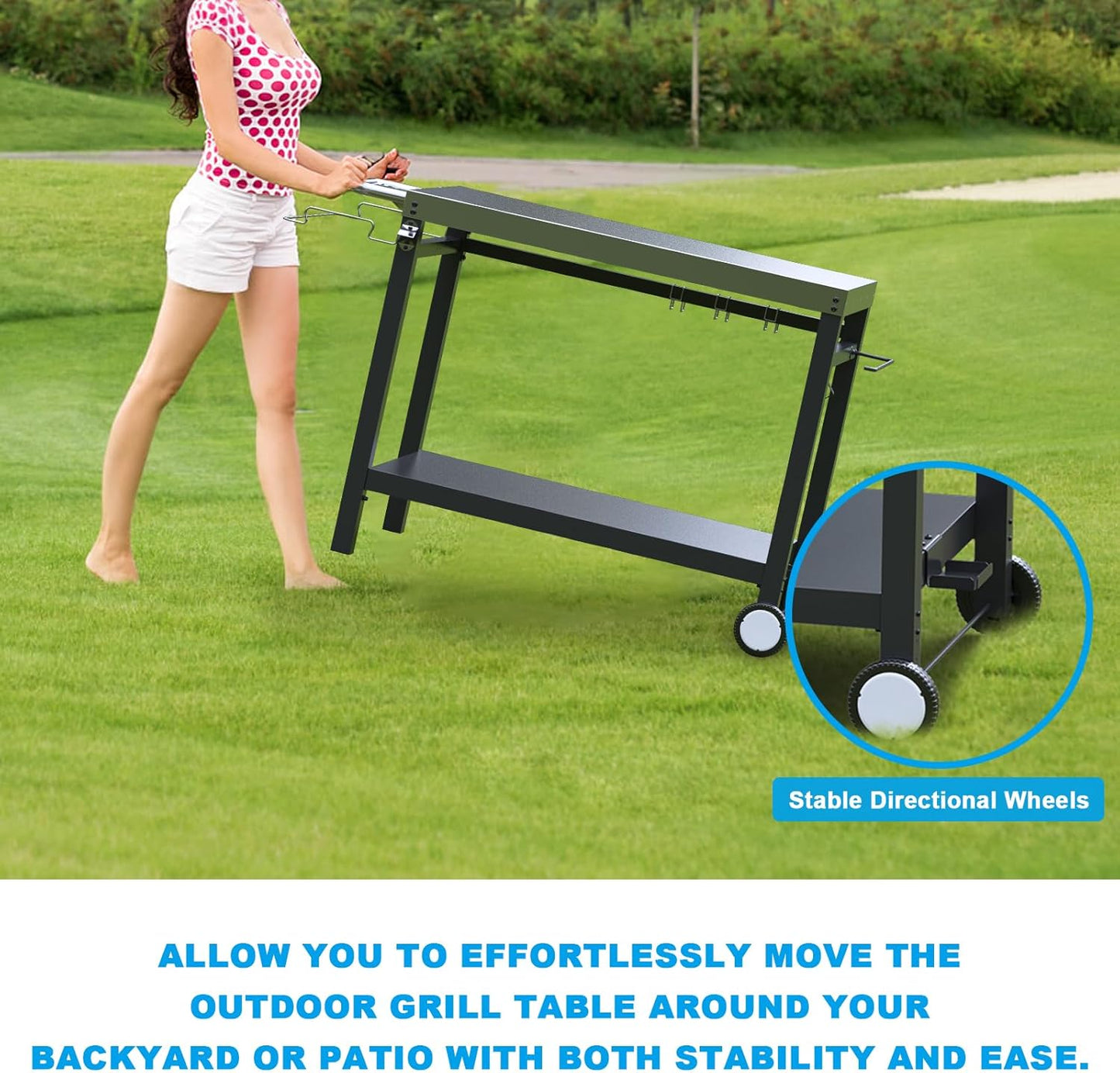 LS'BABQ Outdoor Grill Table Cart, Pizza Oven Stand, BBQ Prep Table with Trash Bag Holder Wheels & Hooks, Double-Shelf Movable Food Prep and Work Stand, Stainless Steel Flattop Grill Cart