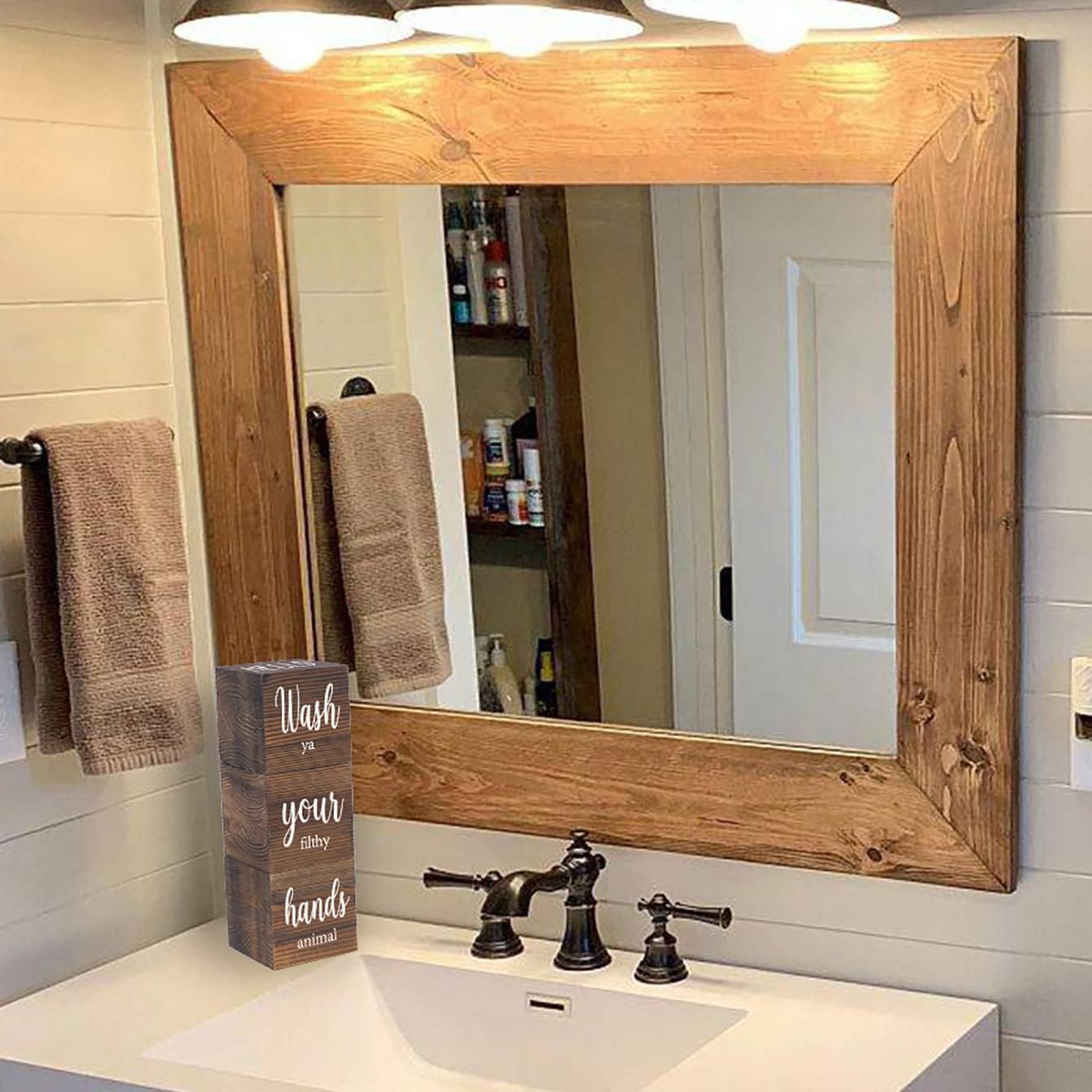 Farmhouse Bathroom Decor, Wooden Cute Restroom Home Decoration, Funny 4-Sided Mordern Rustic Bathroom Blocks, Nice Butt&Get Naked&Hello Sweet Cheeks&Wash Your Hands Sign, Brown 2.8"