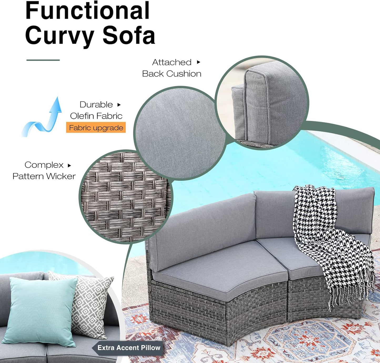 SUNSITT Outdoor Patio Furniture Sectional 7-Piece Half-Moon Curved Outdoor Sofa Set with Round Coffee Table, 4 Pillows & Waterproof Cover, Grey Rattan