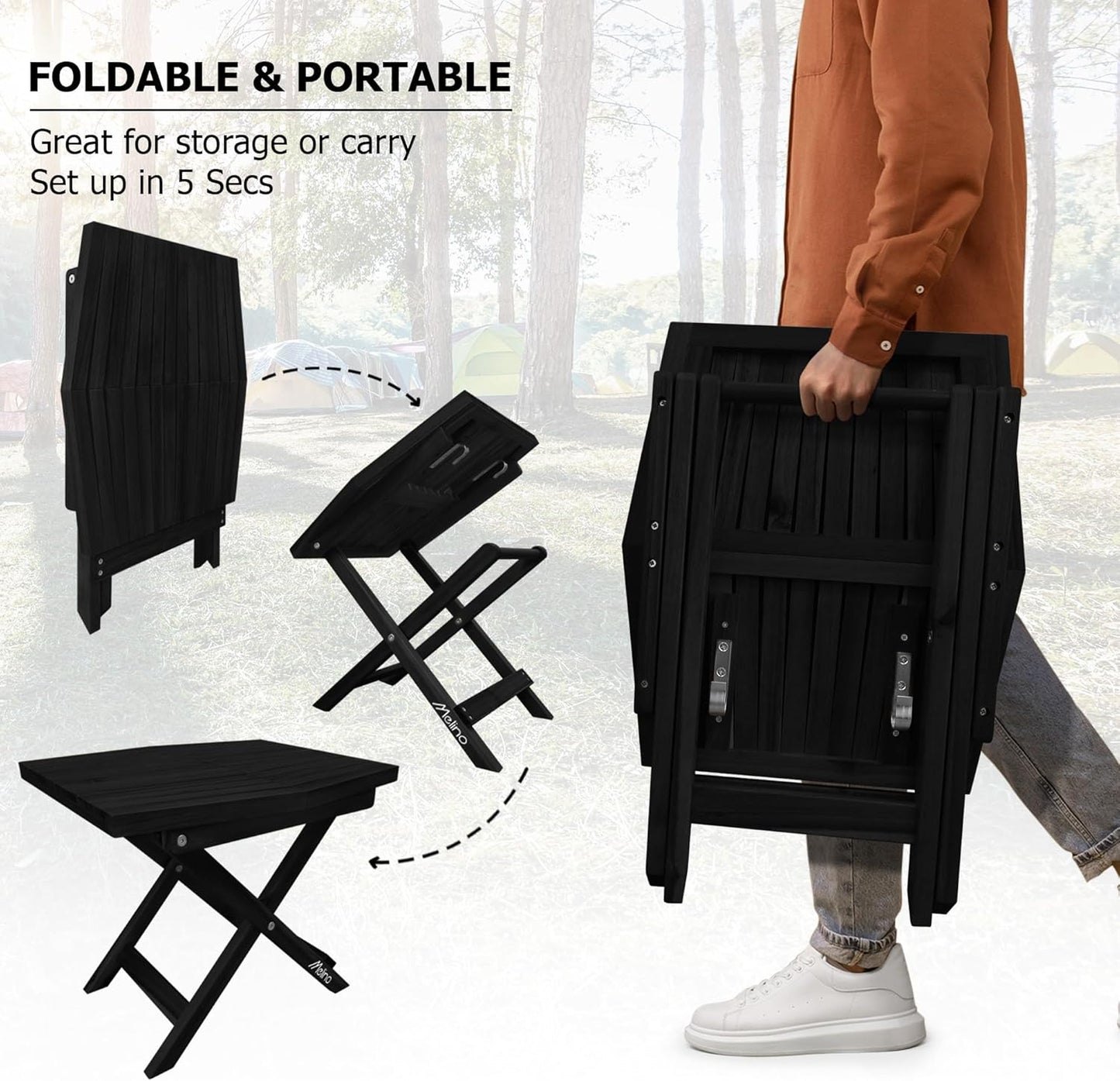 Melino Wooden Folding Outdoor Side Table, FSC Certified Acacia Weatherproof Side Tables, Wood Folding Small Table for Outdoor, Patio, Porch, Pool, Backyard, Garden, Balcony and Deck - Black