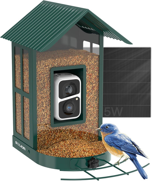 Soliom- Bird Feeder with Camera, 5W Solar Powered, AI Identify Species, Smart Wild Bird Watching, 2K Live View, Instant Arrival Alerts,Large 2.7L Seed Capacity, Metal Squirrel Chew-Proof - BF08 Green