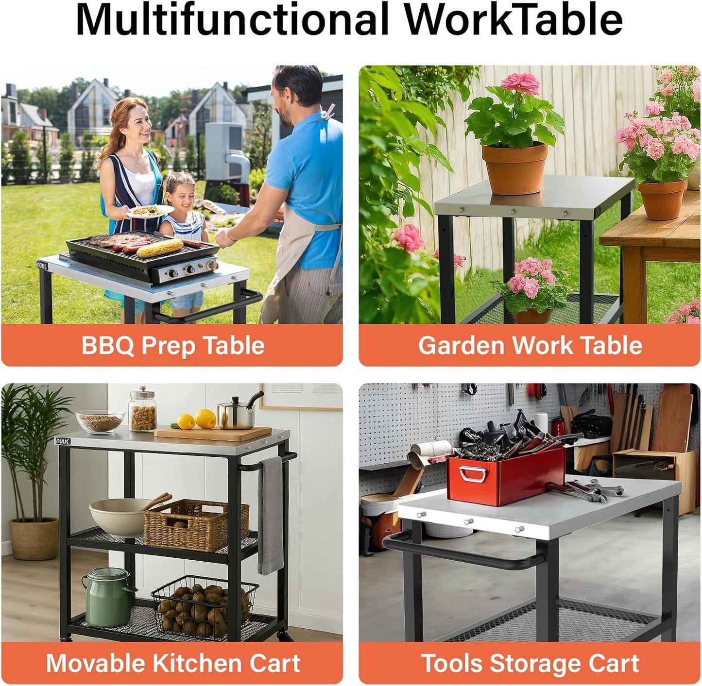 NUUK 3-Shelf Grill Cart 16" x 24" Outdoor BBQ Table with Stainless Steel Top Rolling Pizza Oven Carts for Outside Dining Tables