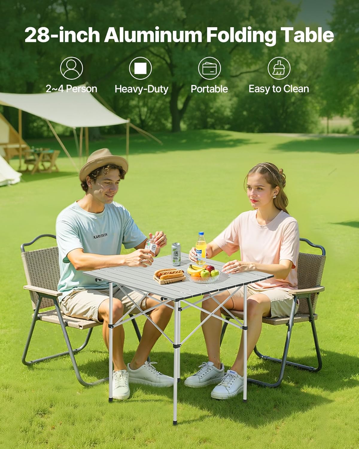 VEVOR Folding Camping Table, Portable Roll Up Side Tables, Lightweight Aluminum Beach Table with Adjustable Height, for Outdoor BBQ Tailgating Picnic, Travel (28 inch-Silver)