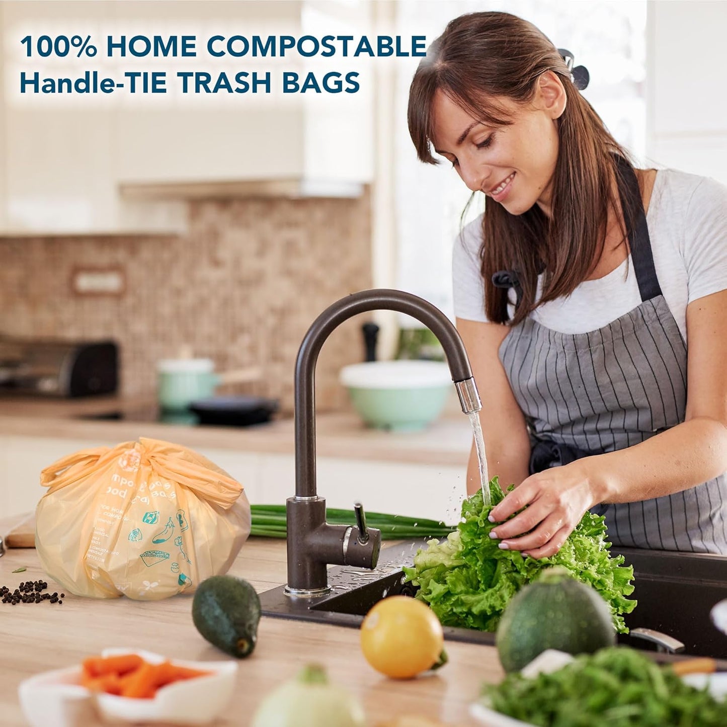 1.6 Gallon Compostable Handle Tie Garbage Bags, Small Trash Bags for Countertop Bin, Extra Thick 0.63 Mils, Certified US BPI ASTM D6400, 6 Liter, 100 Count