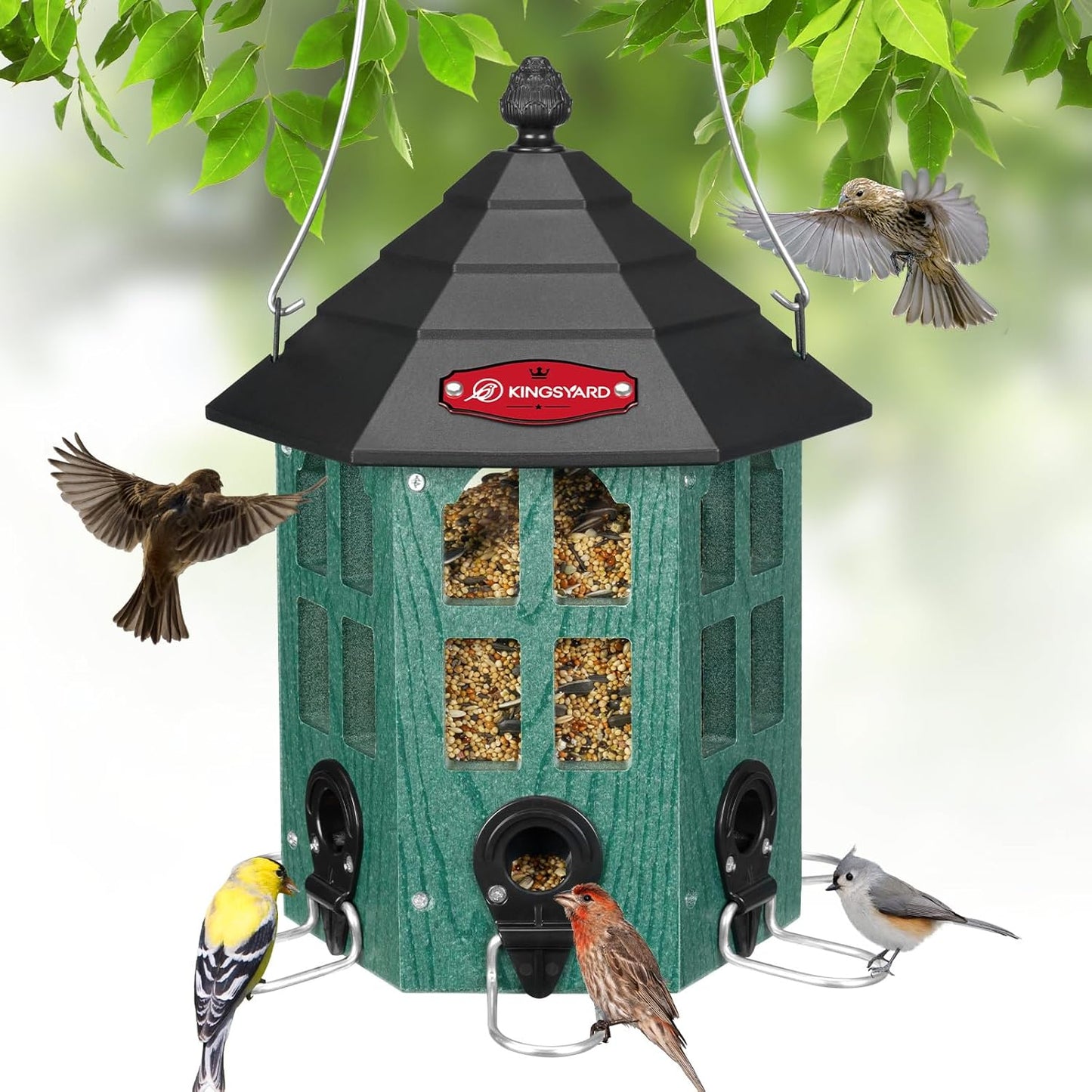 Kingsyard Wild Bird Feeder for Outdoor Hanging, Recycled Plastic Bird Feeders with 6 Ports & U-Shape Perch, Garden Yard Outside Decoration, 3.5 lbs Seed Capacity, Green