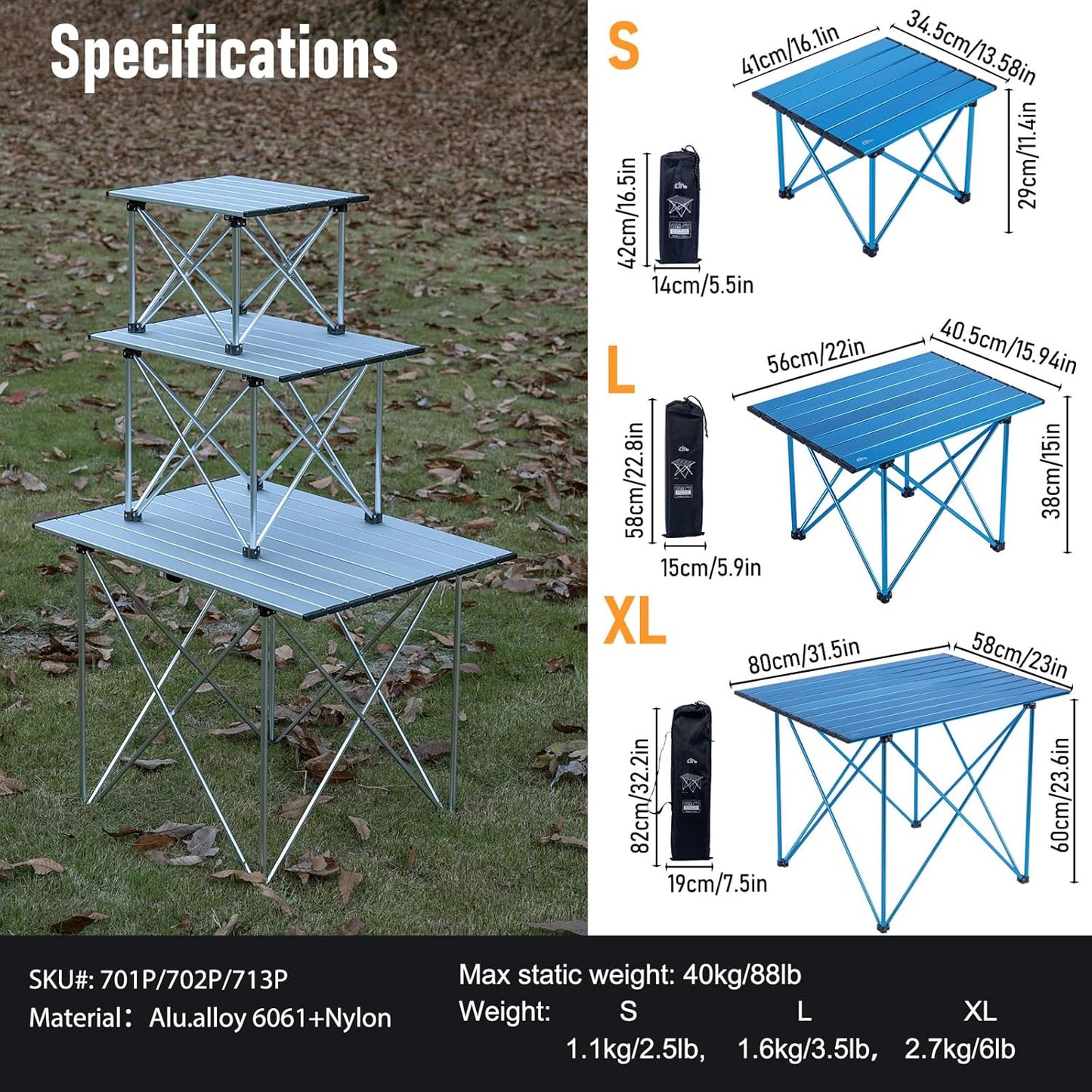 iClimb Ultralight Compact Camping Folding Table with Carry Bag (Reinforced Blue - XL)