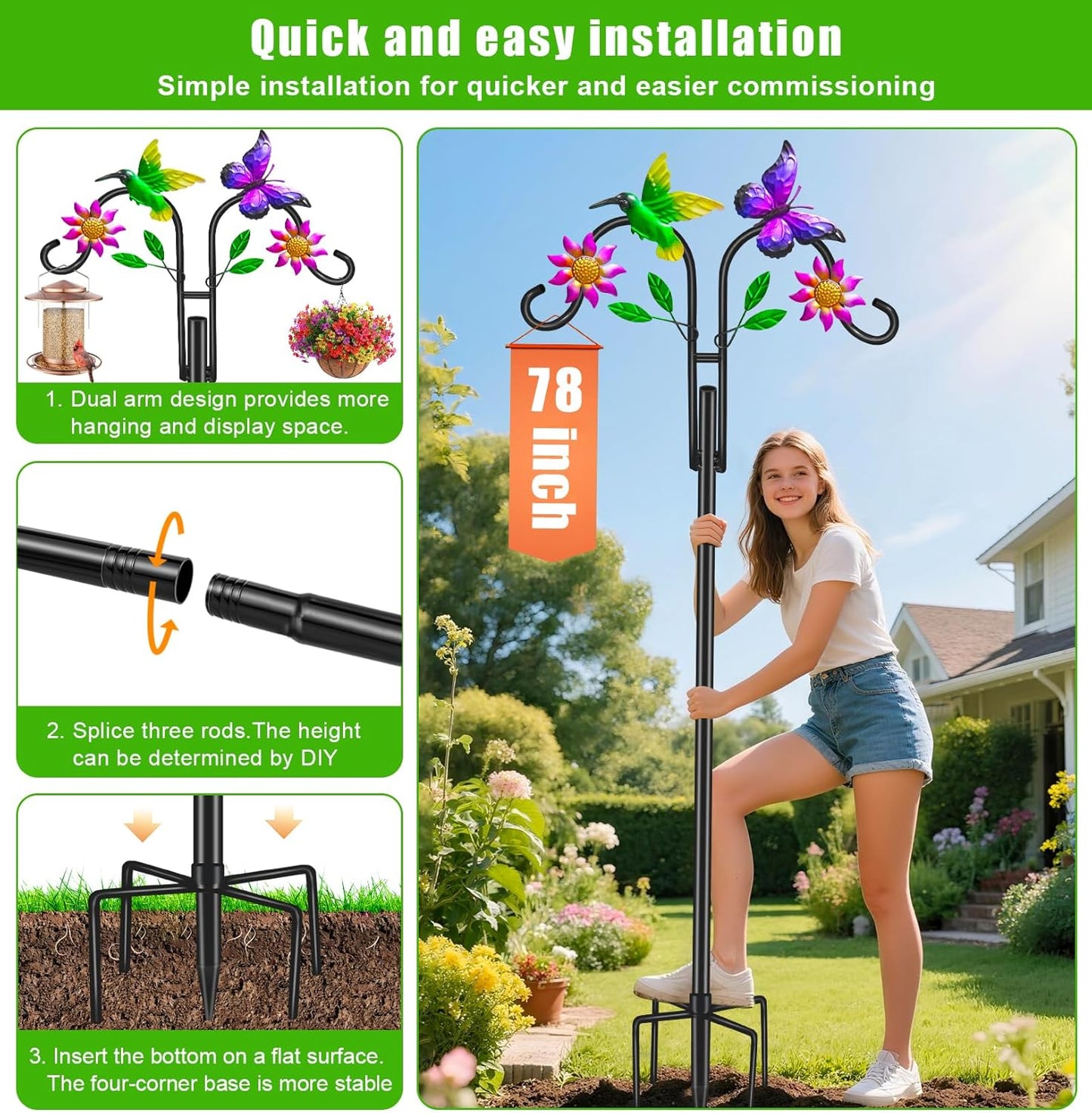 Double Shepherds Hooks for Outdoor, Artistic Hummingbird & Flower Design, 5 - Prong Base, Ideal for Bird Feeders, Baskets & Lanterns (1 Pack)