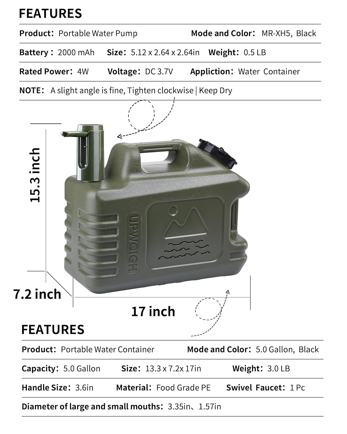 UPWOIGH 5 Gallon Water Jug with Automatic Touch Control Pump (1 Pump Included), Truly Leak-Proof BPA-Free Water Container with Spigot, Type-C Rechargeable Military Green Water Pump for Camping Hiking