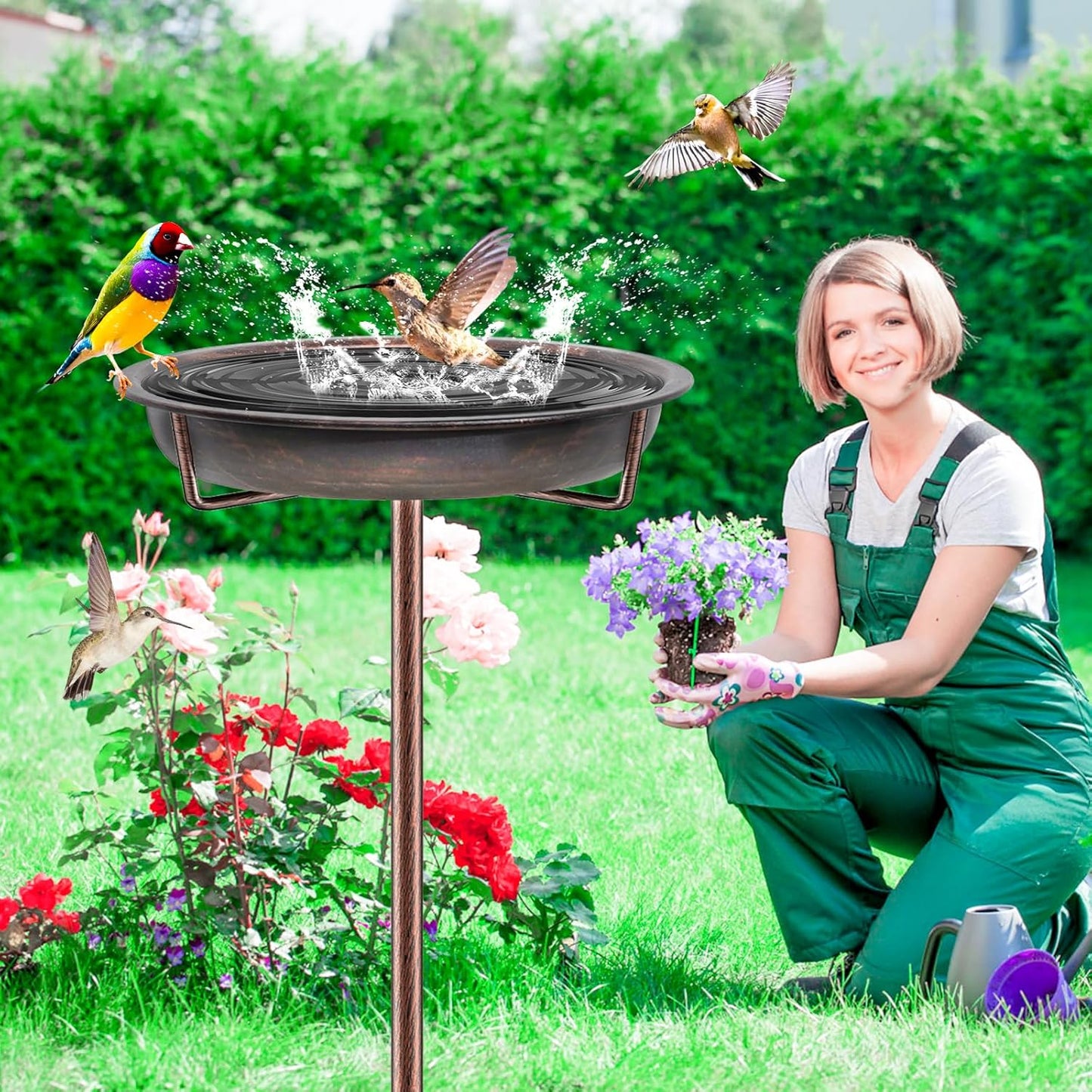 Metal Bird Bath for Outside Garden Birdbath Bowl, 36.2" Height Freestanding Bird Feeders for Outdoors with 4 Prongs Base Stake, Standing Birdfeeders for Yard Lawn Decor (Retro Copper)