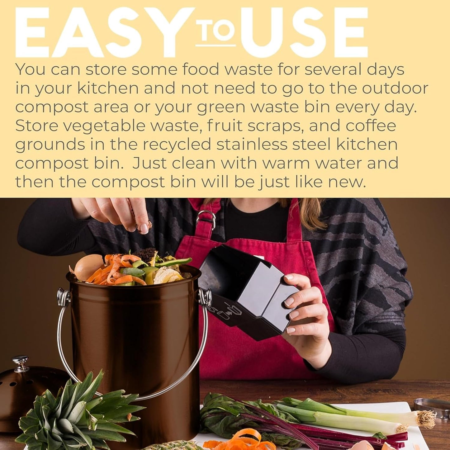 EPICA Countertop Compost Bin Kitchen | 1.3 Gallon | Odorless Composting Bin with Carbon Filters | Indoor Compost Bin with Lid | Stainless Steel Kitchen Composter for Food Scraps & Waste Recycling