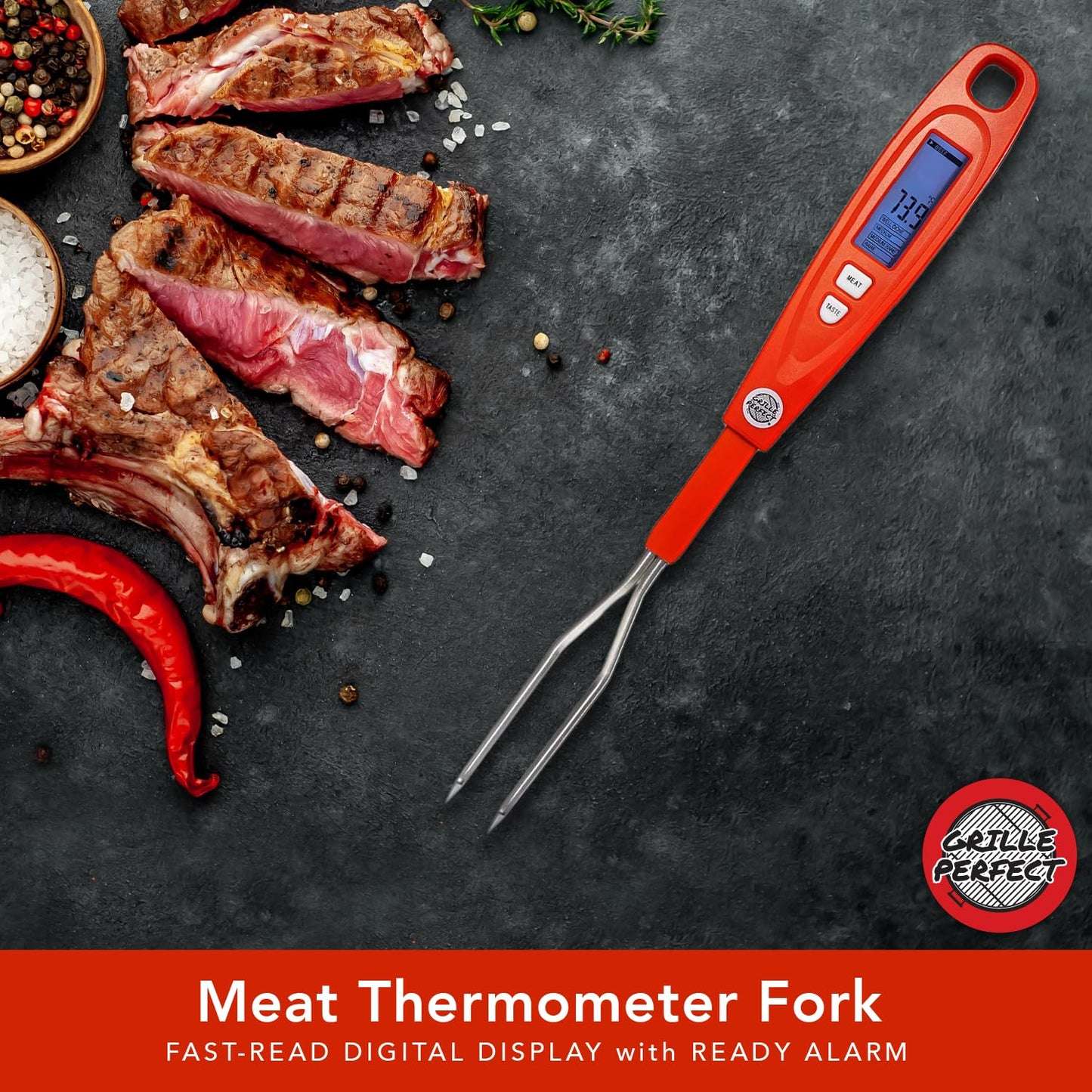 Digital Meat Thermometer Fork for Grilling & BBQ with Ready Alarm, Pro Temp Points for Quick Accurate Temperature on Steak, Pork, Chicken & Hot Grilled Food on Patio or Outside Kitchen