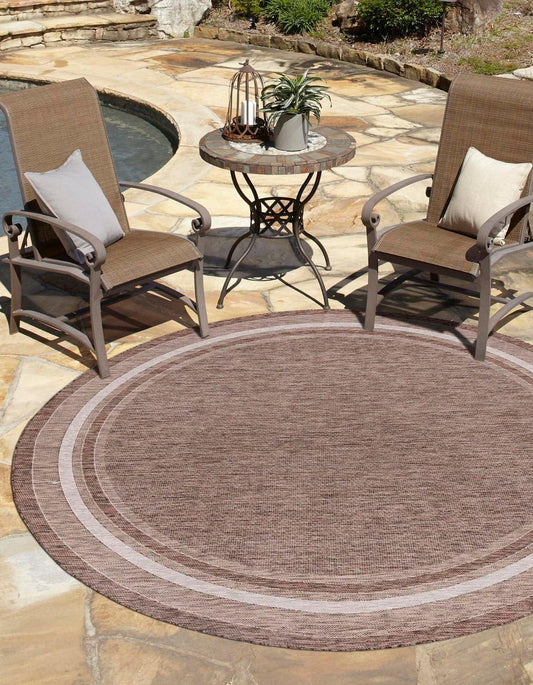 Unique Loom Outdoor Border Collection Area Rug - Soft Border (6' 1" Round Brown/Ivory)