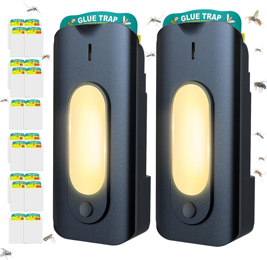 Fruit Fly Trap for Indoors-2PCS, 2 in 1 Fly Trap Indoor with Night Light for Home with 20 Refills, Gnat Traps for House Indoor, Plug-in Insect Trap for Gnats, Flies, Moths-Black