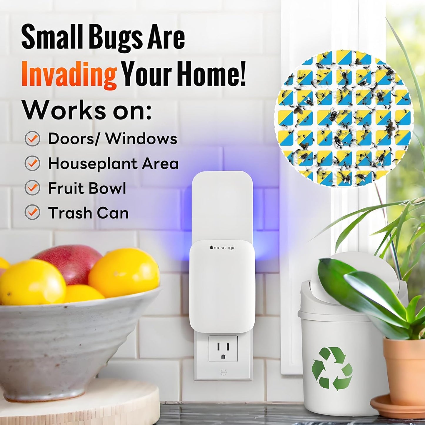Mosalogic Fruit Fly Traps for Indoors Gnat Trap for House Indoor- 600 Sqft Protection Area UV Fly Insect Trapper for Fruit Flies，Gnat，Mosquito，and Other Flying Insect Plug in Bug Killer White