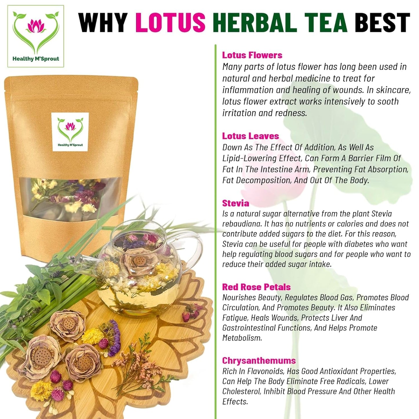Lotus Flower Tea – Dried Whole Blossom – Antioxidant Rich Herbal Tea for Teapot, Tea Infuser, Tea Cups – Delicious Intense Flavor – No Caffeine, Low Calorie (5 Lotus Packs)