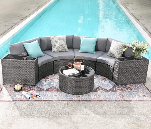 SUNSITT Outdoor Patio Furniture Sectional 7-Piece Half-Moon Curved Outdoor Sofa Set with Round Coffee Table, 4 Pillows & Waterproof Cover, Grey Rattan