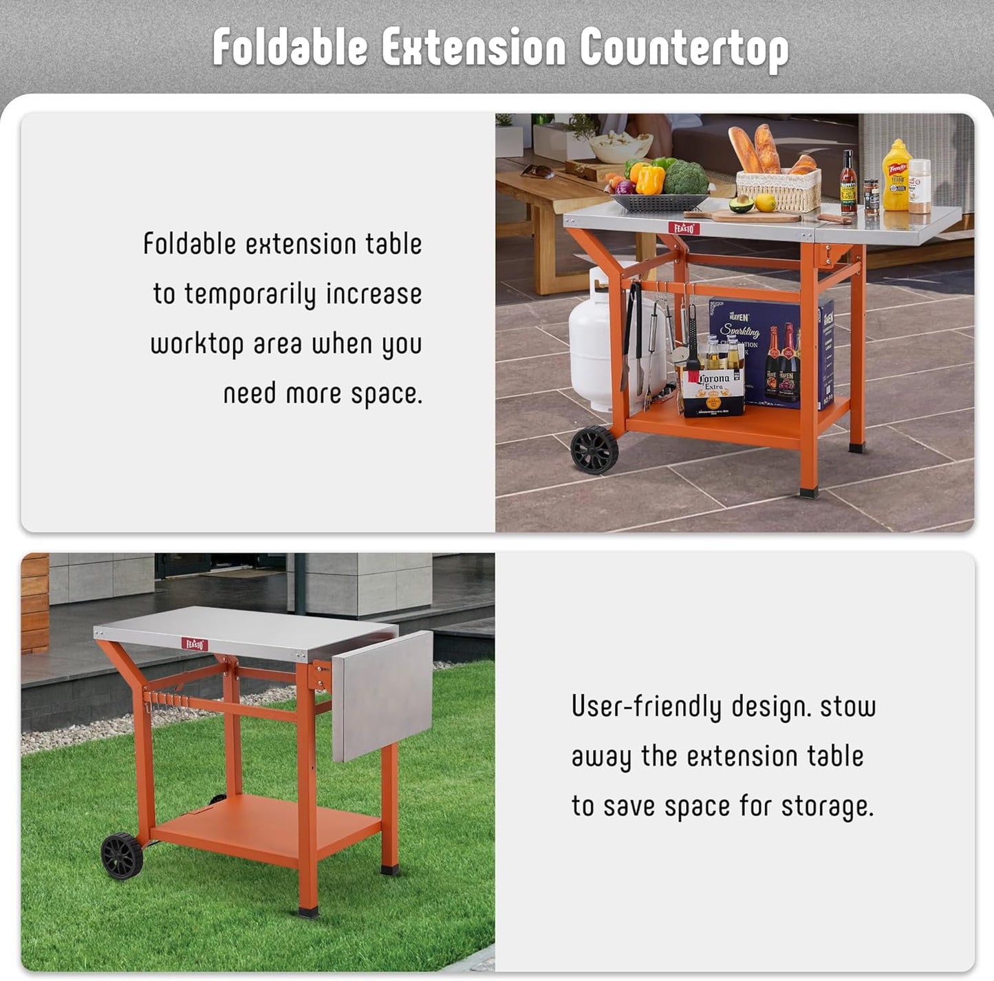 Outdoor Grill Table, 40’’x20’’ Movable Pizza Oven Stand for Outdoor BBQ Food Prep, Stainless Steel Countertop Grill Cart with Storage Shelf & Foldable Extension Table, 6 Extra Hooks