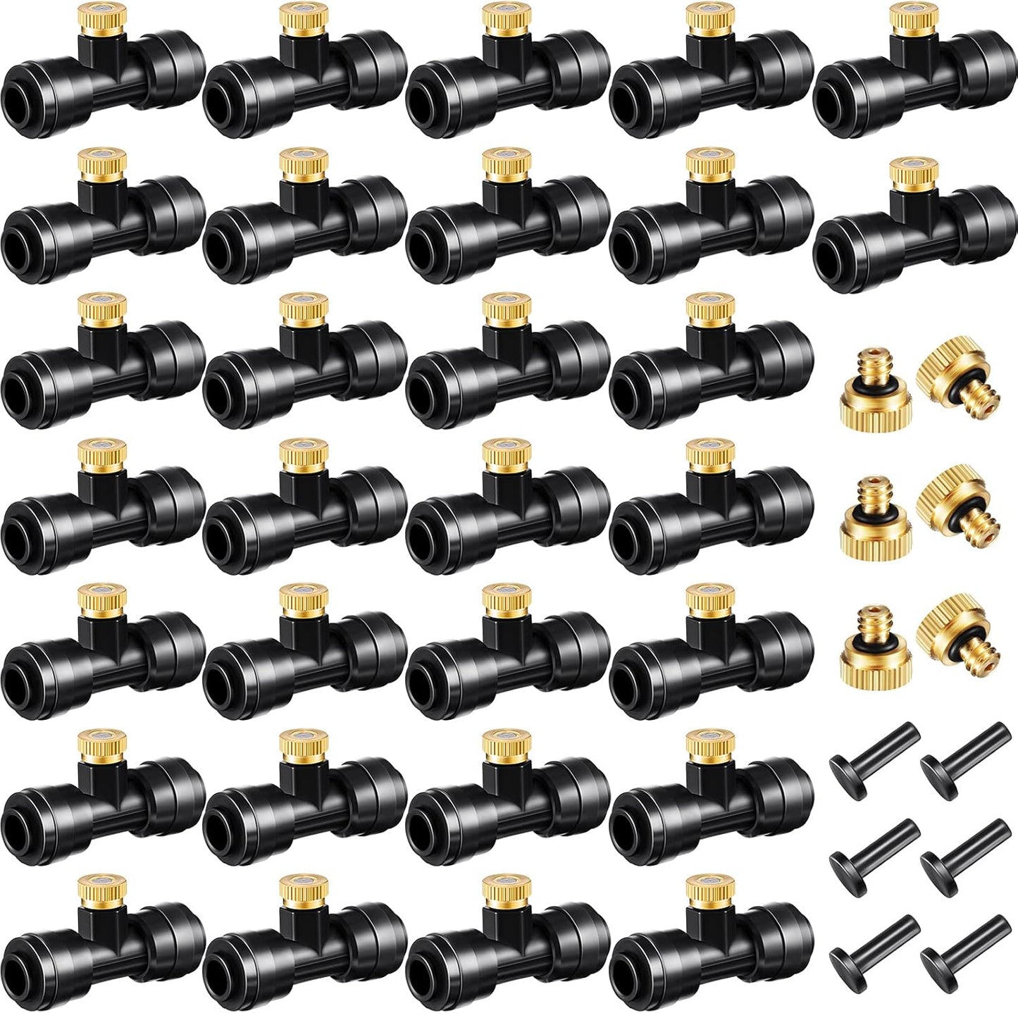Misting Nozzles Kit Include Water Misting Tees Thread 1/4 Inch and Brass Orifice Nozzle with Black Plug for Outdoor Spray Cooling System(72 Pieces)