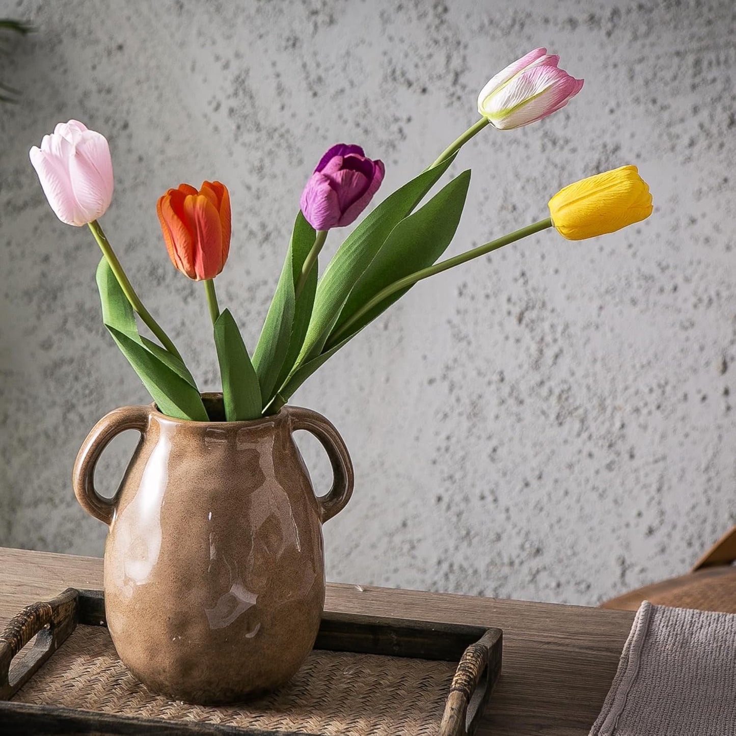 Kimdio Brown Ceramic Vase with 2 Handles, Modern Farmhouse Vase for Home Decor, Vintage Rustic Pottery Vase, Decorative Terracotta Vase, Clay Jug for Living Room Dining Table Shelf