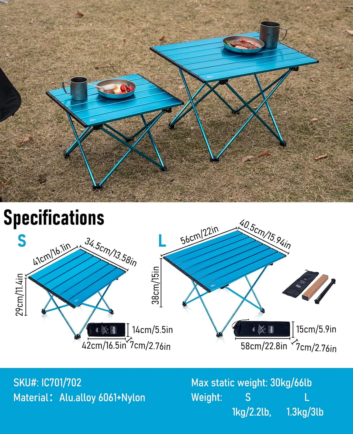 iClimb Ultralight Compact Camping Folding Table with Carry Bag (Blue - L)