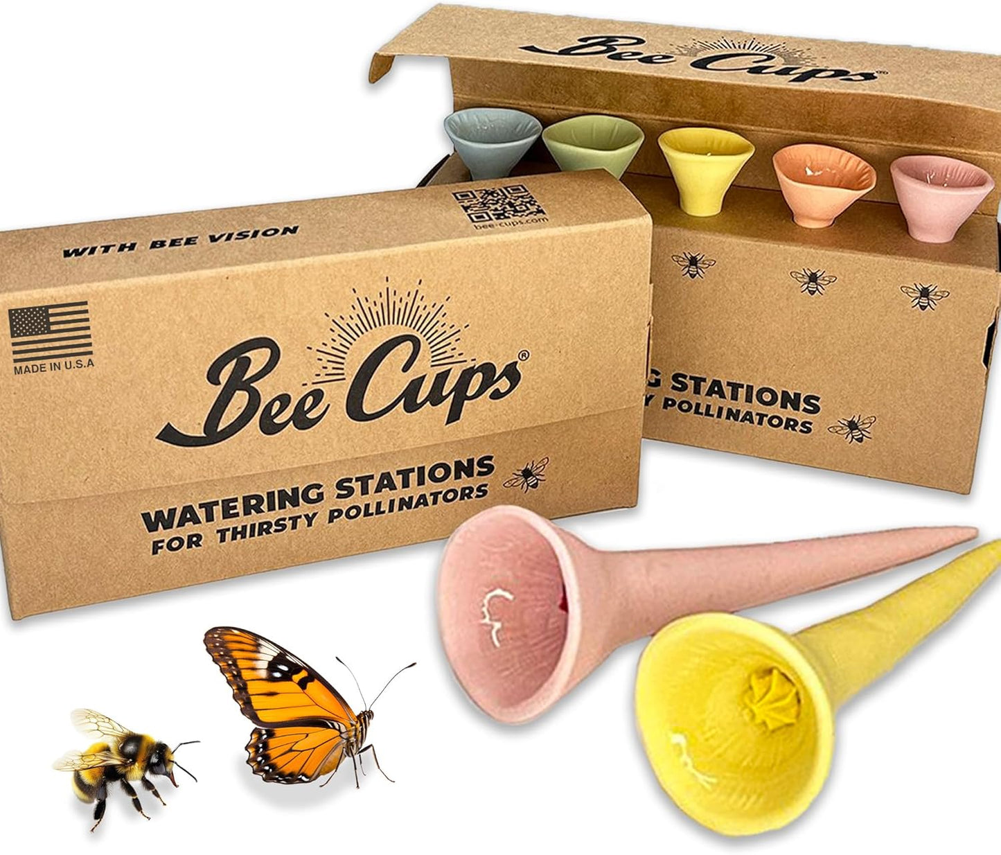 5 Pack, Bee Watering Station, 100% Handmade from Porcelain, Bee and Butterfly Feeder for Garden, Outdoor Feeder For Thirsty Pollinators, Plastic Free, Bee Attracting Glaze (5, Pastel Variety)