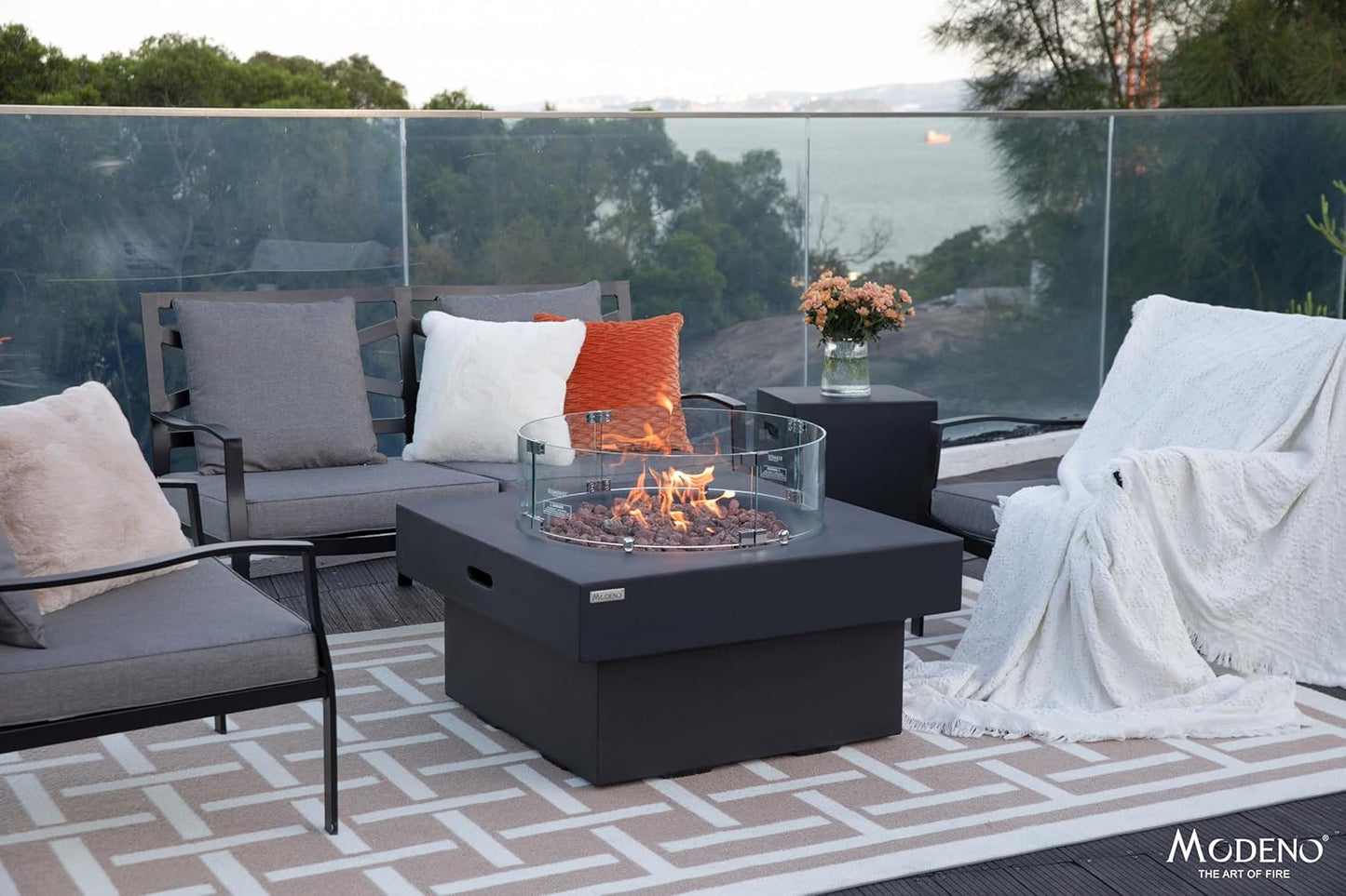 AMS Fireplace | Modeno Branford Package | Black Liquid Propane Gas Fire Pit Table for Outside Patio Bundle with Tank Cover, Wind Guard | Free Ice Bucket & Rubber Mat