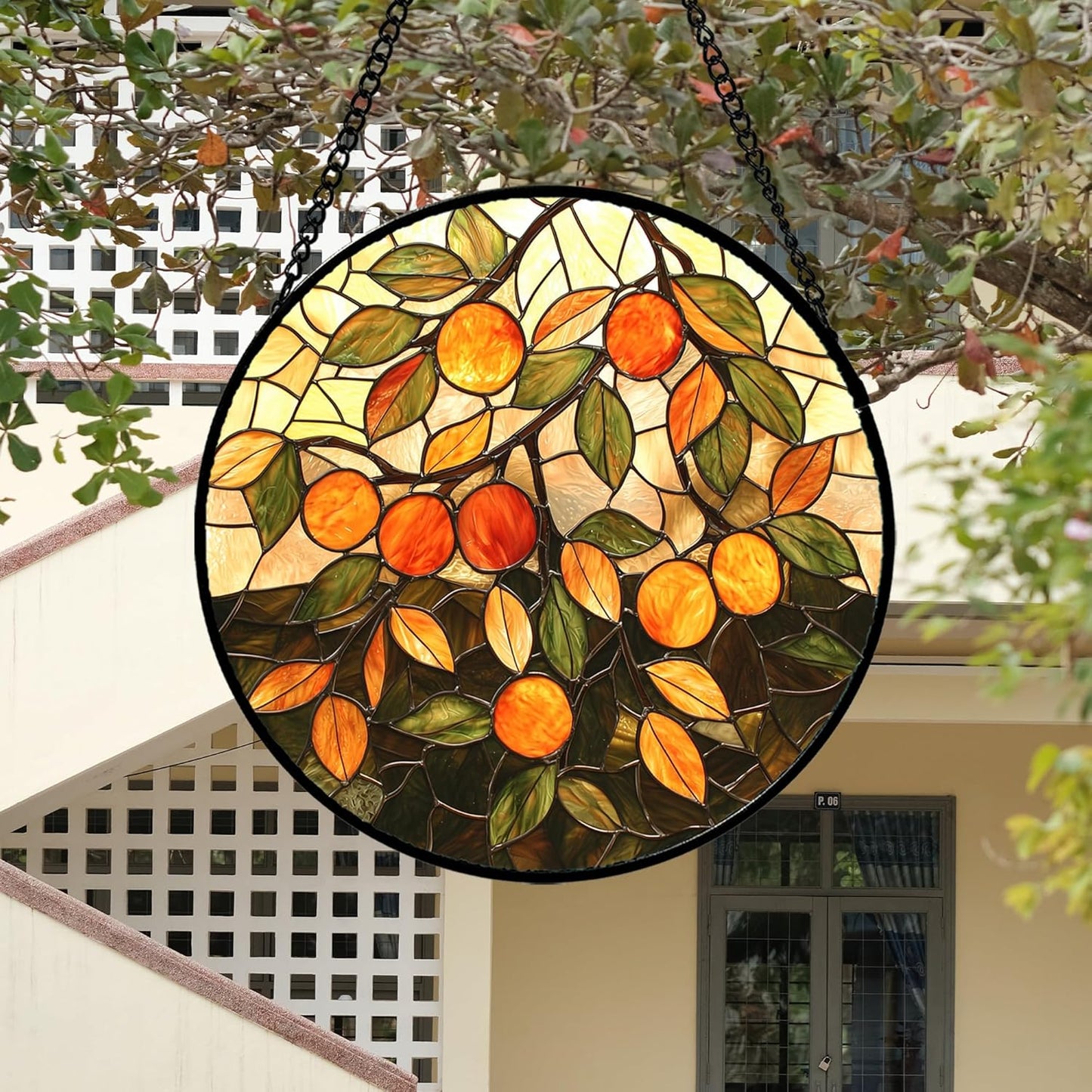 Stained Glass Suncatcher, Orange Green Fruit Tree Sun Catcher Landscape Stain Glass Window Hanging Decoration Mother's Day Birthday Gifts for Women Men Mom Nana 7.8 in