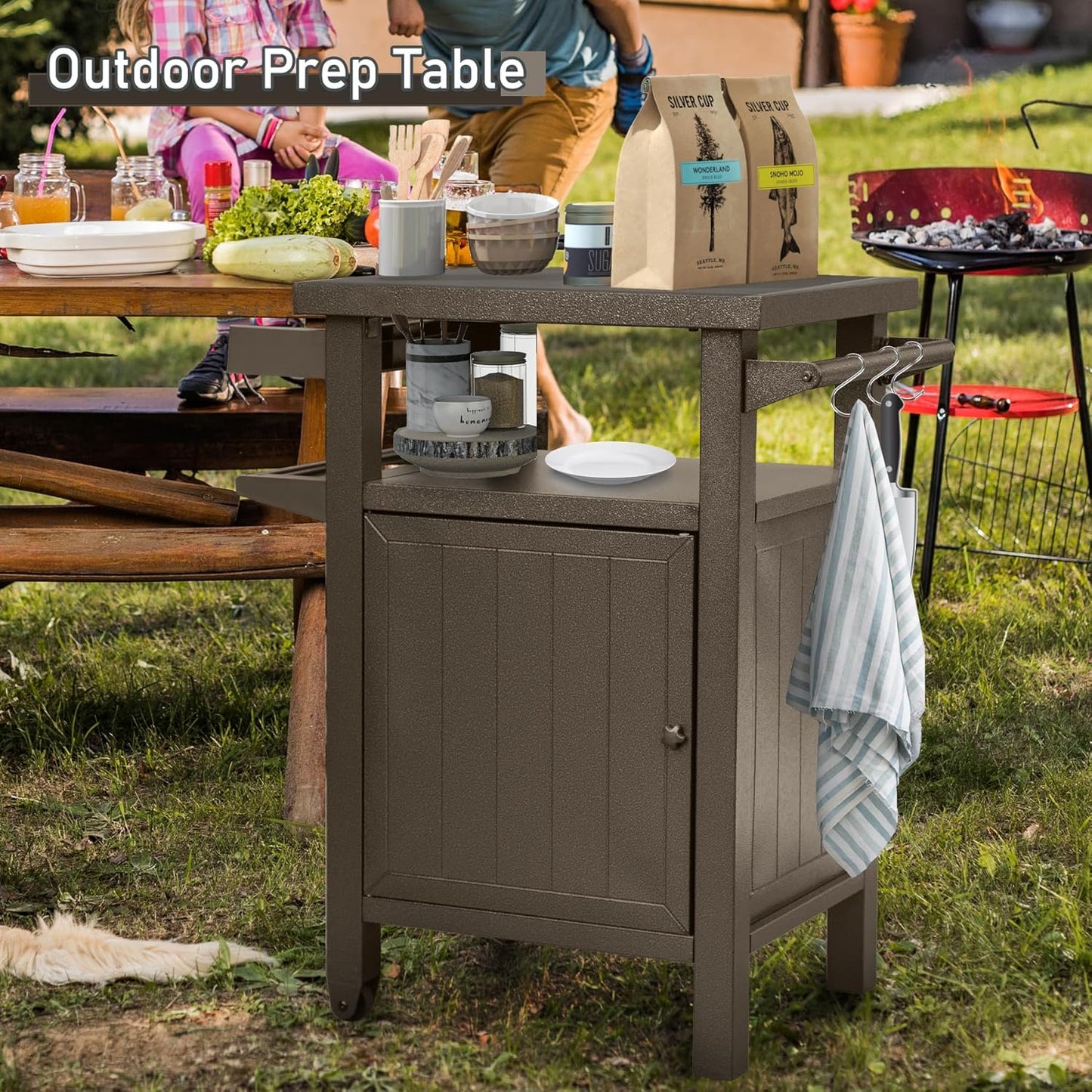 Grill Cart Outdoor with Storage Cabinet, Portable Rolling Patio Bar Cart with Wheels, BBQ Prep Table, Movable Stainless Steel Kitchen Island Dining Cart for Food/Drink/Cooking -Brown