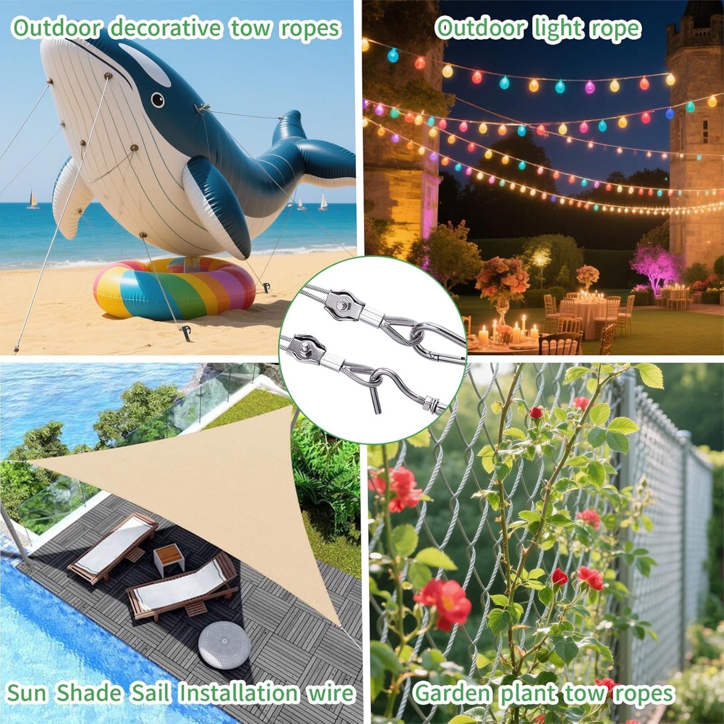 1/8" Wire Cable Rope Kit ，Vinyl Coated 304 Stainless Steel Wire – 100FT 7x7 Strand Cable with Turnbuckles，String Lights Hanging Kit for Outdoor, Garden,Patio, Crafts, Hanging Lights